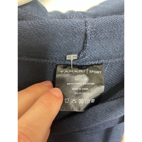 Tahari Sz M Sport Reverse Panel Hoodie Navy Blue Pullover Pocket Dratwstring NWT - Picture 13 of 16